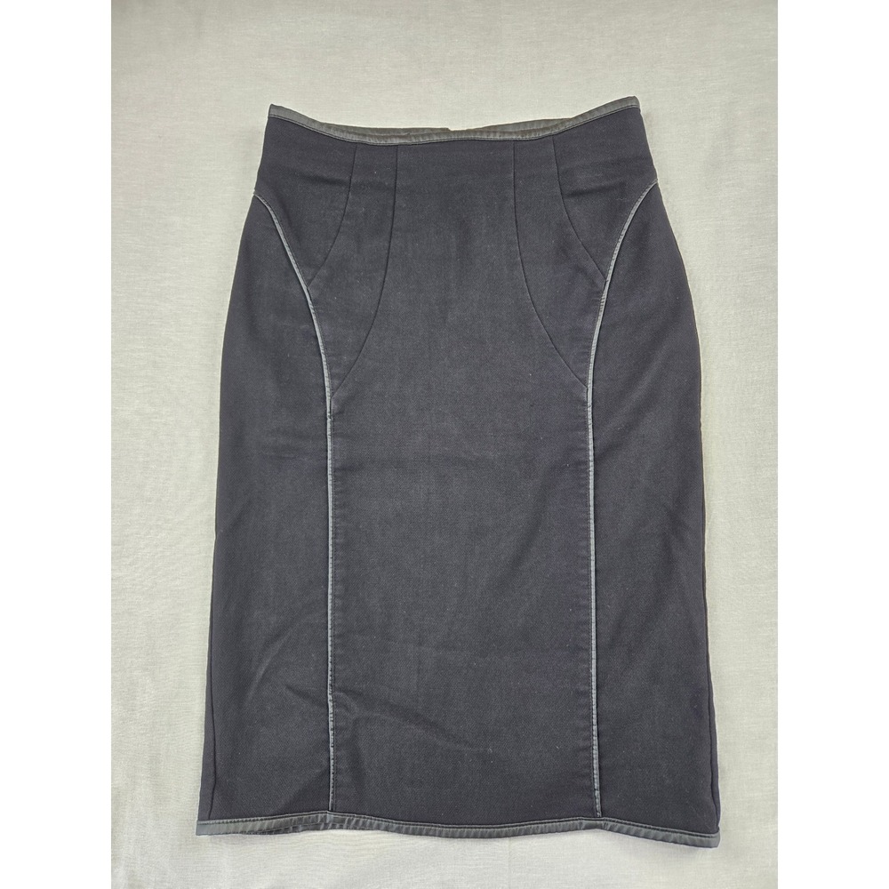 H&M Womens Black Faux Leather Trim Pencil Skirt Size 10 High Waist Knee Length